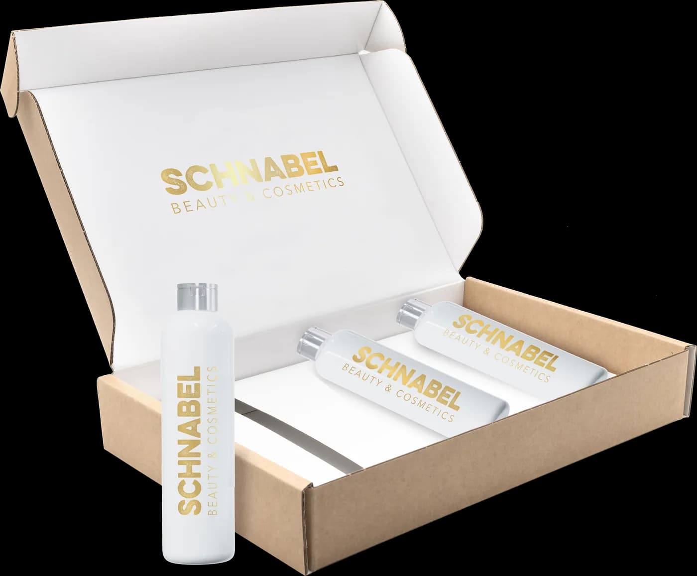 Mailingbox mit Gefache und drei Kosmetikflaschen der Marke „Schnabel“
