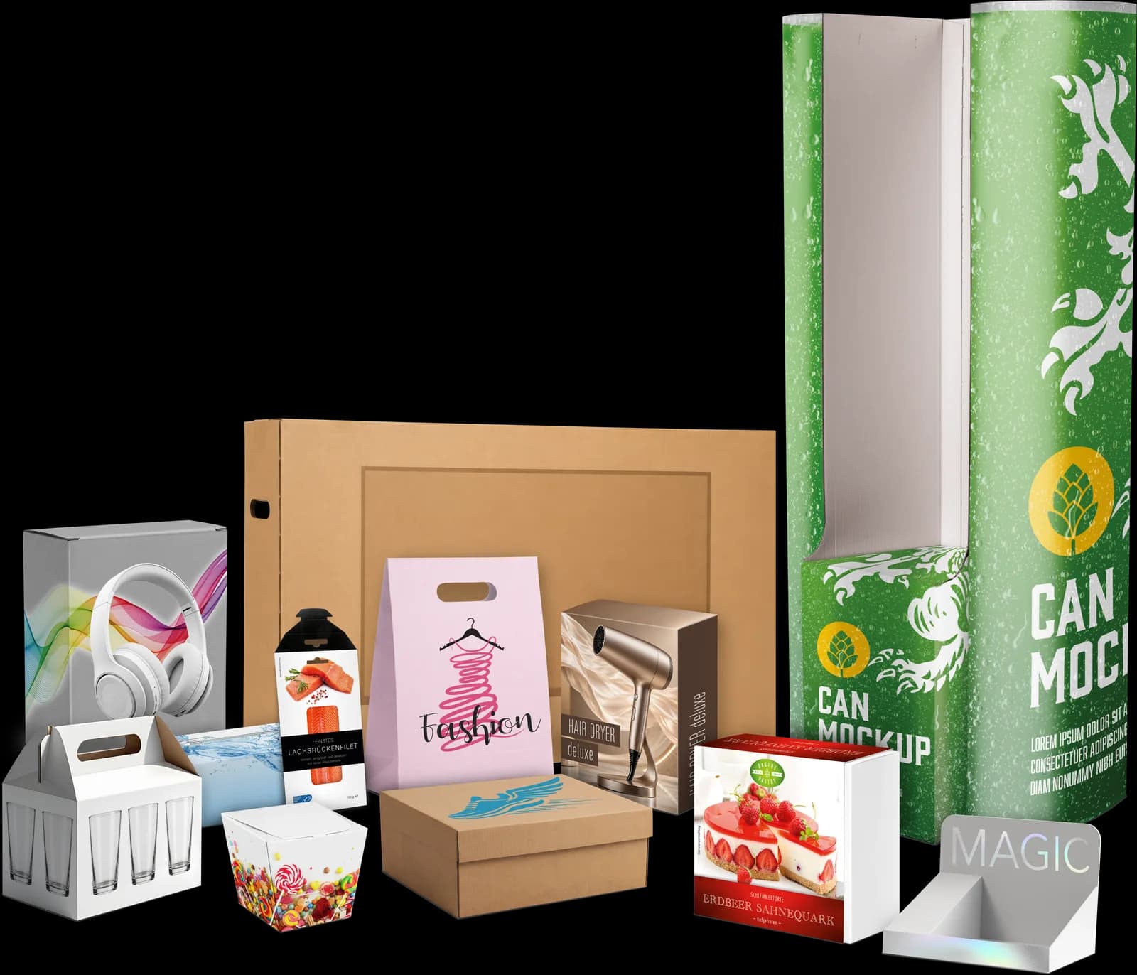 Auswahl bedruckter Verpackungen und Displays von ASS