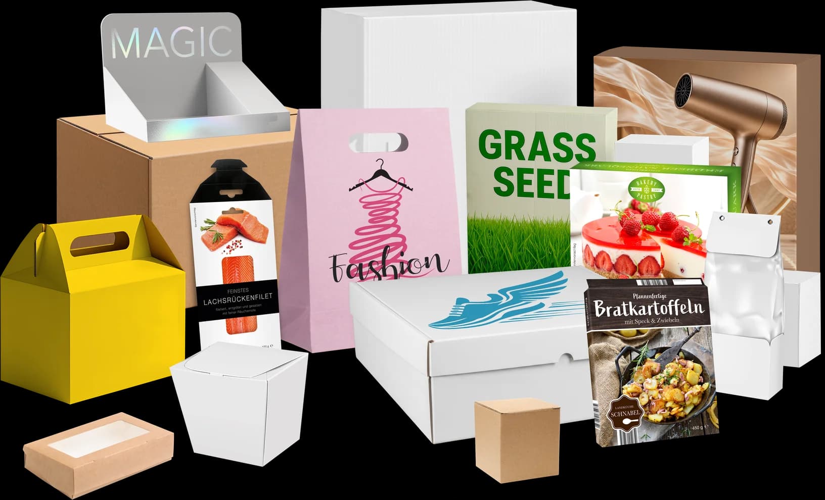 Auswahl bedruckter Verpackungen und Displays von ASS