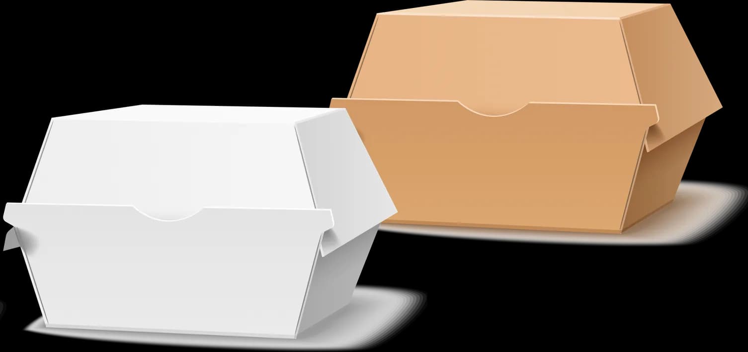 Burgerboxen aus weißem Vollkarton und brauner Wellpappe